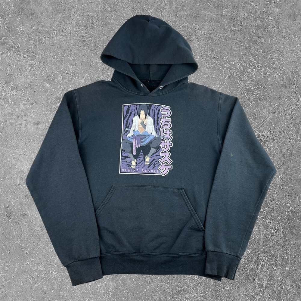 Naruto Sasuke Uchiha Graphic Hoodie Men Small Faded Black Anime Manga Streetwear